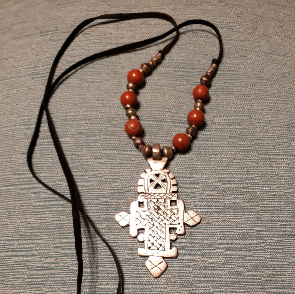 Ethiopian Coptic Cross Necklace, Intricate Openwork Pendant, Red Coral